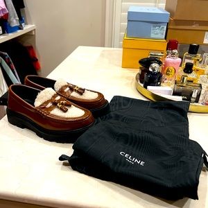 Celine patent leather Sherpa loafers with tassels. Size 37